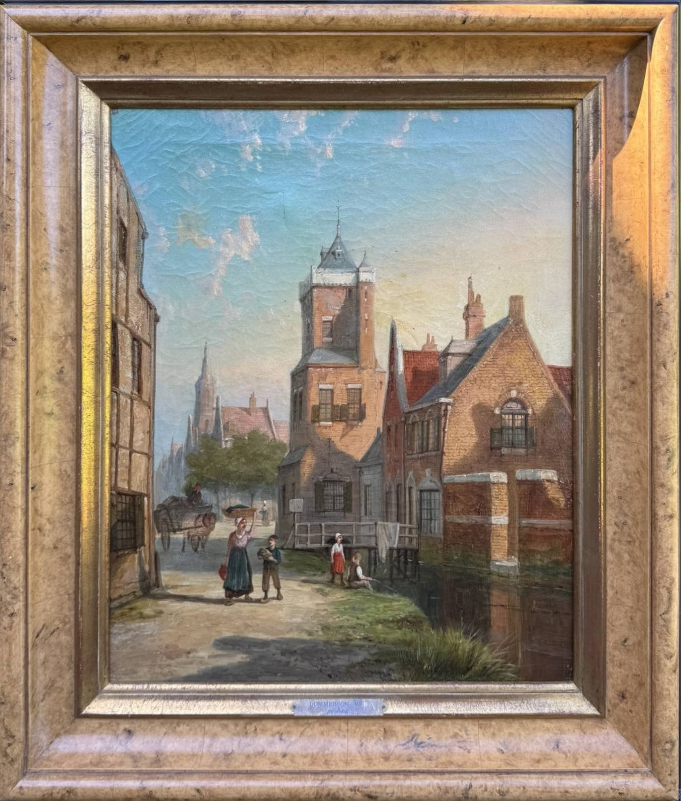 19th Century Antique Painting Old City Street Scene by William Dommerson (1850-1927)